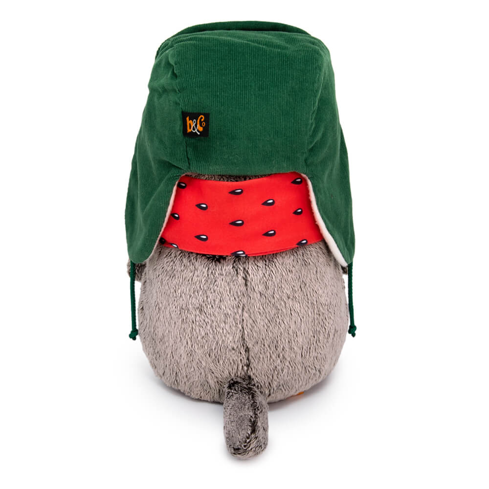 в двусторонней шапке и шарфе